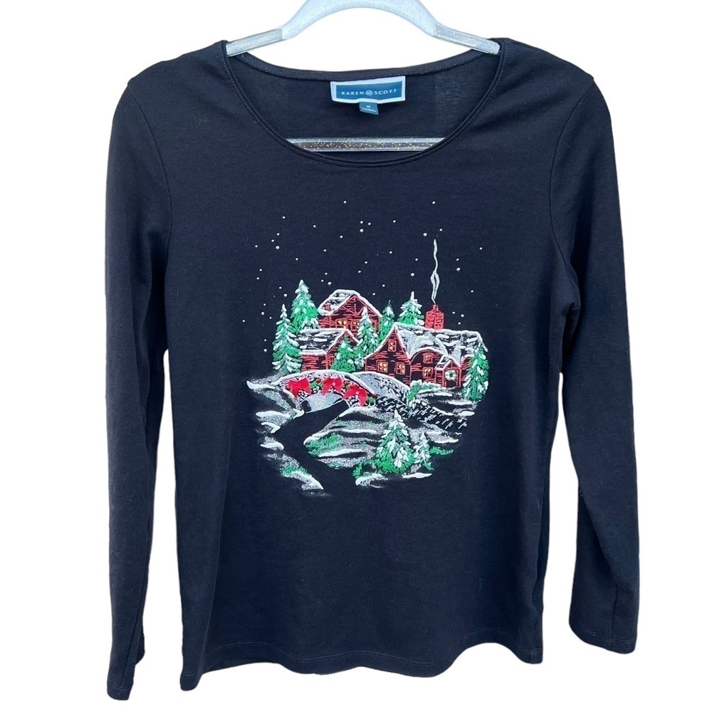 Karen Scott Embellished Winter Cottage Glitter Shirt Black Red Long Sleeve Med